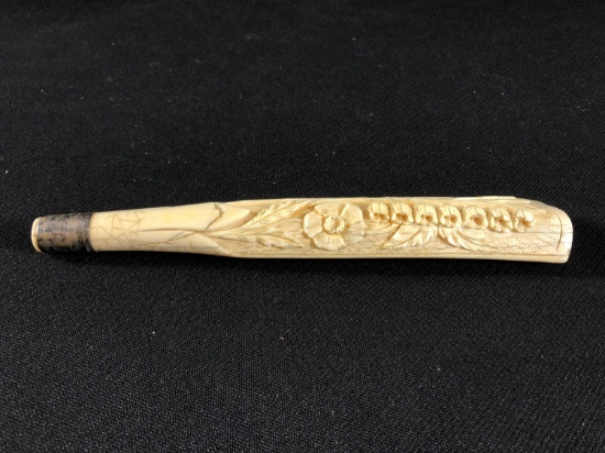 Hand Carved Bone w/ Sterling Band Parasol Handle 8" L