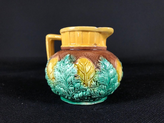 Majolica Tree and Leaf Design Creamer 3-1/2" Tall Forging Flaw,, Small Chip in Spout
