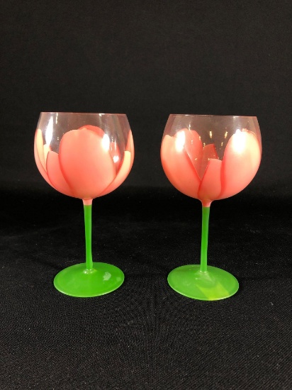 Gloria Vanderbilt Signed Pink Tulip Stemware
