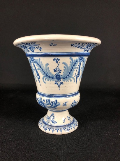 20th c. Delft Blue and White Hand Painted Pedestaled Vase 8-1/2" Tall x 8" Diameter