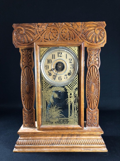 E. Ingrahm Kitchen Clock Pressed Oak Case 20" Tall x 14-1/2" Wide