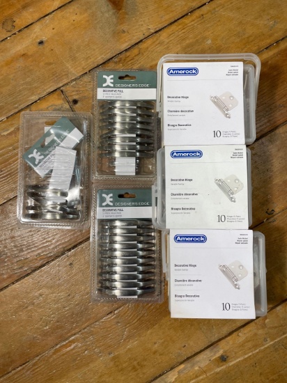 (3) Boxes Amerock of 10 Decretive Hinges, (27) Designers Edge 3" Pulls Satin Nickel Finish