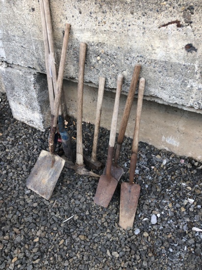 Large Assortment Of Primitive Shovels, Pick Axe, Splitting Maul & Posthole Digger