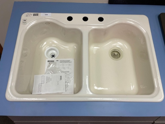 Kohler, Biscuit Color, Double Well, Enameled Cast Iron Kitchen Sink w/ 3-Hole Standard Punchout