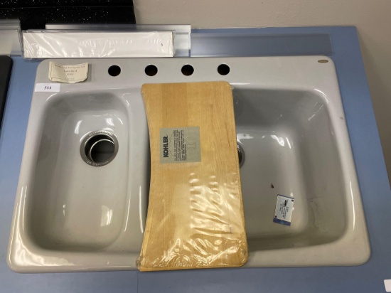 Kohler Lakefield Model Enameled Cast Iron Double Well Sink 4-Punch w Hardwood Sinkover Cutting Board
