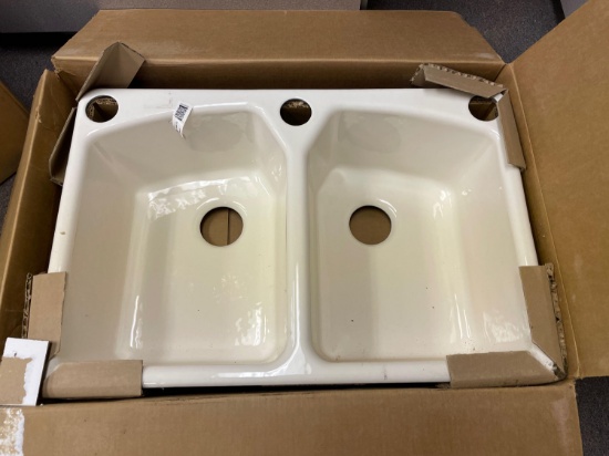 Kohler Enameled Cast Iron Drop in Biscuit Color Double Well 3-Punch Kitchen Sink