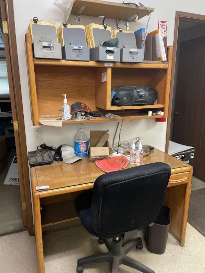 Oak Desk w/ Glass Top w/ Upper Wall Mounted Organizer