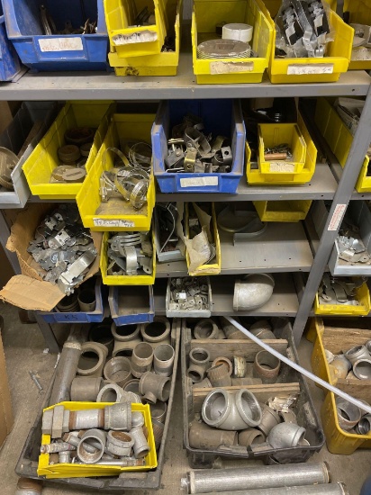 Large Assortment Of Galvanized & Black Iron Pipes, Fitting, Clamps, & Work Trays