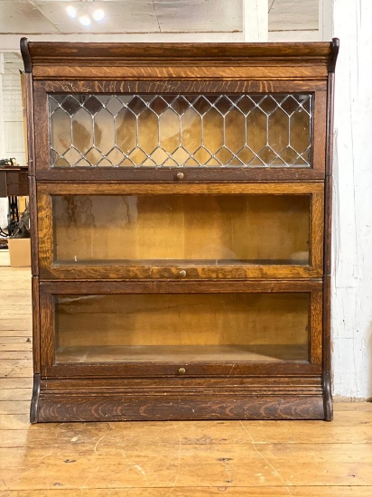 3- Section Stacking Oak Barrister Bookcase w/ 1 Leaded Glass Panel, Base & Top