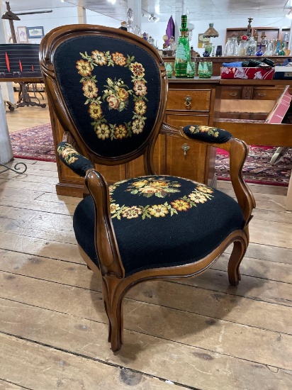 Walnut Arm Chair w/ Needlepoint Upholstery