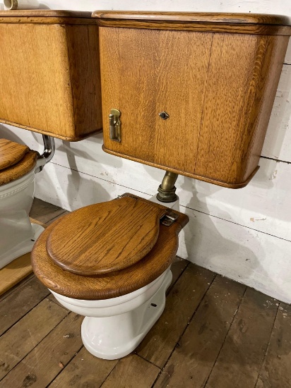 Antique Oak & Porcelain Toilet w/ Wall Mounted Copper Lined Reservoir