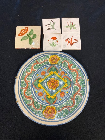 (1) Dolores Hidalgo Ceramic Plate 10", (5) Ceramic Tiles (1)4"x4" (4) 3" x 3"