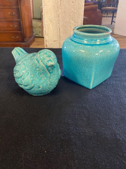Turquoise Ceramic Vase and Bird (Vase Has Chip)