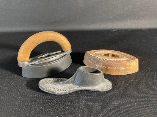 Cast Iron Cobbler's Shoe Form & (2) Mrs. Potts Sad Irons