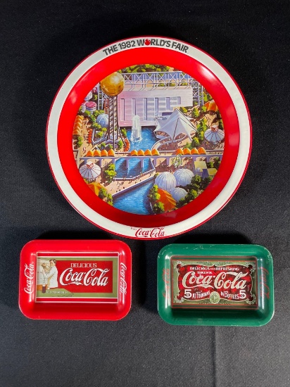 "The 1982 World's Fair Enjoy Coca-Cola"Tray & (2) 1989 Coca-Cola Trolly Car Advertising Trays