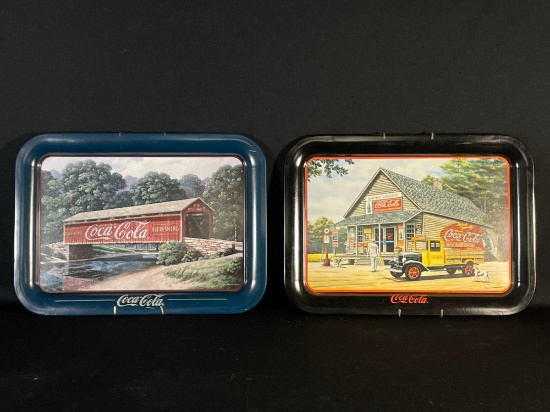 (2) Coca-Cola Brand Dinner Trays w/ Wire Hanging Brackets