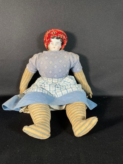 Antique Porcelain & Cloth Doll w/ Wool Hat