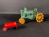 John Deere DP Cast Iron Tractor w/ Steel Red Wheel Barrow