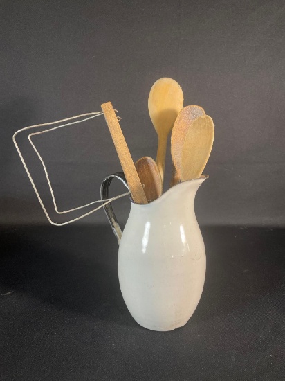 Enamel Pitcher w/ Kitchen Utensils