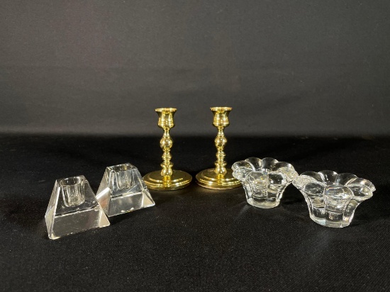 (2) Pairs Of Glass Candleholders & Pair Of Brass Candleholders
