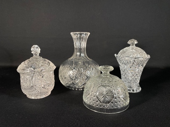 (2) Cut Glass Covered Glass Dishes, Wine Decanter & Extra Lid