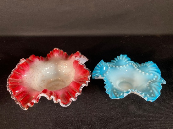Milk To Cranberry Art Glass Bridal Basket w/ Silver Fleck & Aqua Nobby Bowl