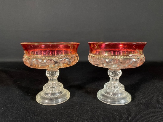 Pair Of Ruby Flashed Clear Sherbet Glasses w/ Thumbprint Pattern