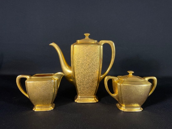 Pickard Etched China 24k Gold Encrusted Rose & Daisy Coffee Pot w/ Creamer & Sugar
