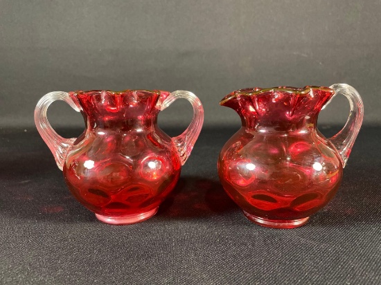 Fenton Cranberry Coin/Thumbprint Creamer & Sugar Set