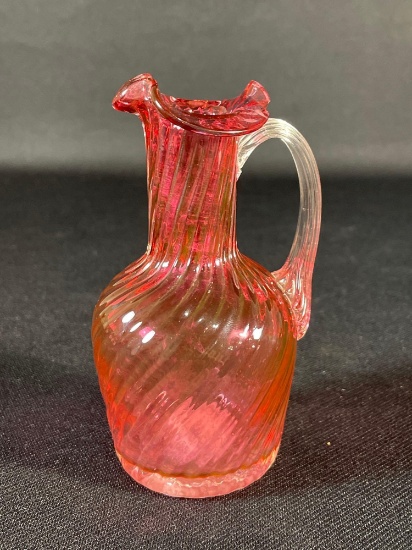 Fenton Cranberry Pitcher Swirl Clear Applied Handle