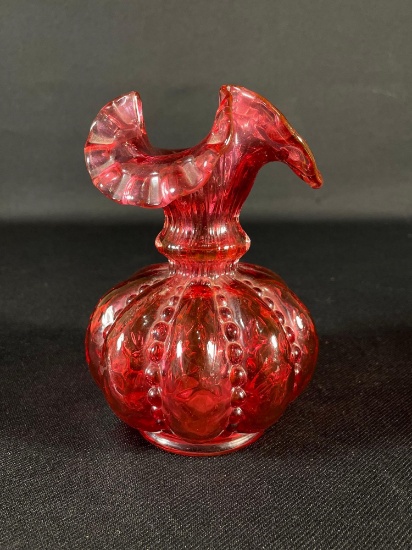 Fenton Cranberry Beaded Glass Vase w/ Ruffled Lip