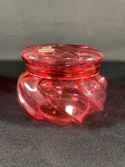 Fenton Cranberry Glass Wave Crest Covered Candy Puff Box w/ Lid