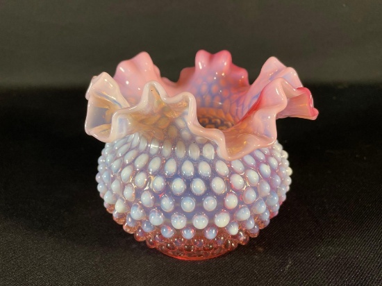 Fenton Cranberry Hobnail Opalescent Glass 6" Squat Ruffled Vase