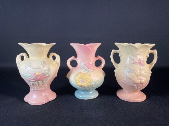 Hull Pink & Blue Magnolia Double Handled Vase 6-1/2" Vases