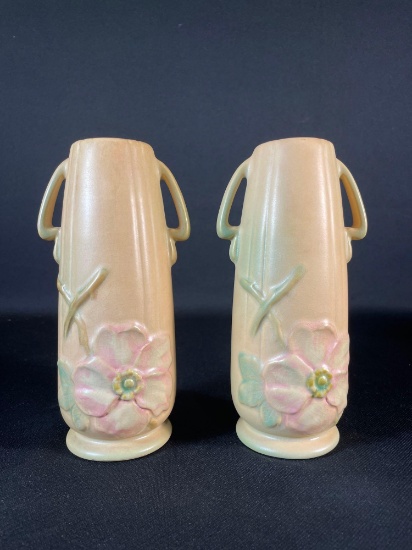(2) Vintage Weller Handled Wild Rose Vases