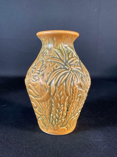 Weller Marvo Brown Vase With Raised Leaves & Foliage