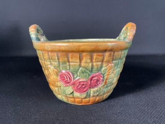 Weller Unmarked 2 Handled Rose Basket Planter