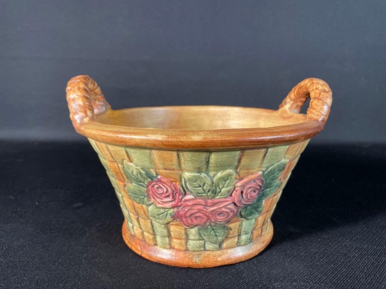 Weller Unmarked Flemish Rose Handled Basket Weave Planter