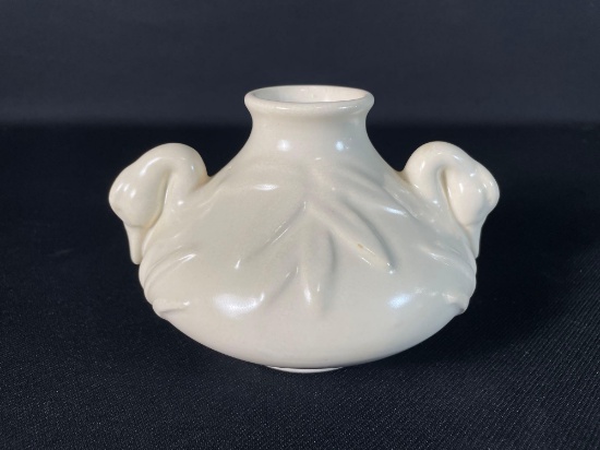 Weller Cream Raised Leaves w/ 2 Headed Handled Vase