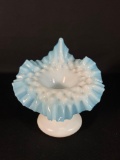 Fenton Crimped Tulip Milk Glass Vase w/ Aqua Rim 7-1/2