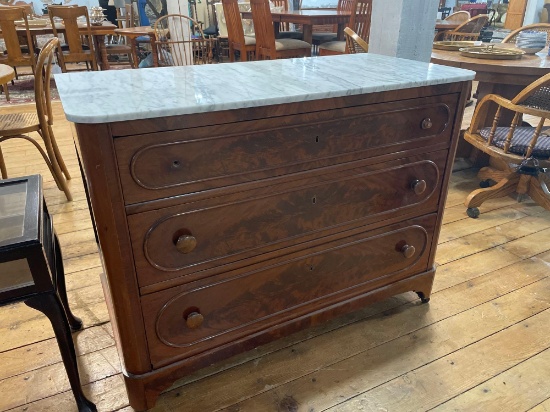 Victorian Marble Top 3-Drawer Mahogany Dresser On Casters