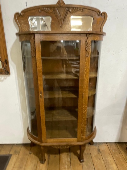 Curved Glass Clawfoot Solid Oak China Cabinet w/Beveled Mirrored Finial