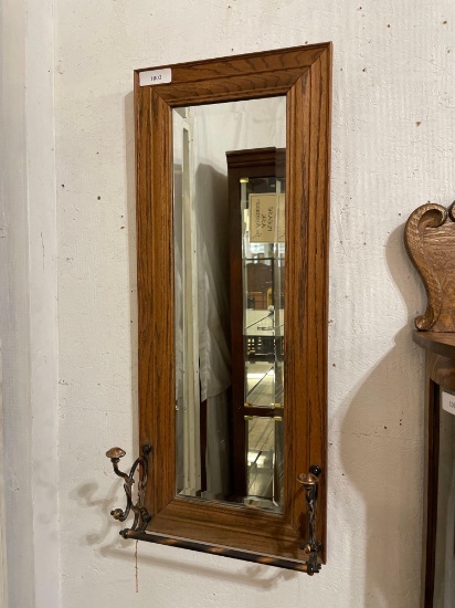 Oak Framed Beveled Glass Mirror w/Coat Hanger Towel Bar