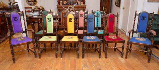(10) Antique Barley Twist Oak Dining Chairs w/ Needlepoint Backs & Seats