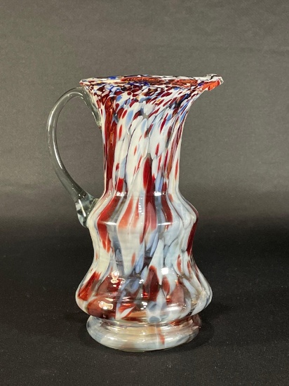 Romanian Hand Blown Art Glass Pitcher w/ Applied Clear Glass Handle 8-3/4"h