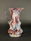 Romanian Hand Blown Art Glass Pitcher w/ Applied Clear Glass Handle 8-3/4