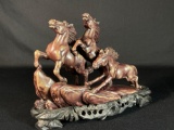 Chinese Lucky 3 Horses Success Feng Shui Stone Sculpture, Includes Wooden Stand