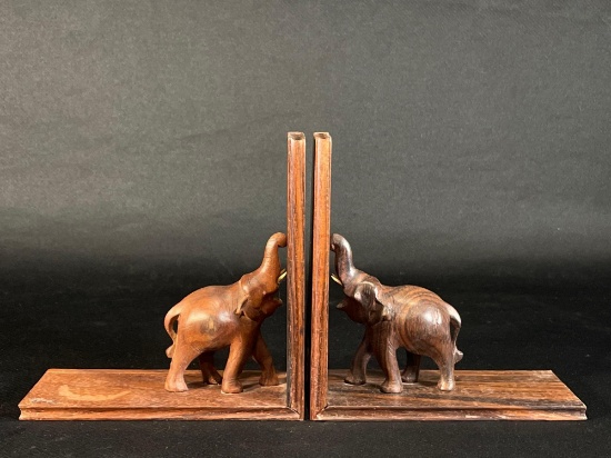 Pair Of Carved Elephant Bookends 6"h