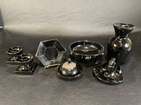 Black Amethyst Bowl, Ashtray, Vase, Candle Holders & Covered Bowl