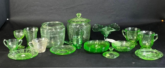 Large Assortment Of Green Depression Glass Dishes